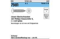 DIN 7981 A 2 Form C-H Linsen-Blechschrauben mit Spitze, mit Phillips-Kreuzschlitz H - Abmessung: C 2,9 x 22 -H, Inhalt: 1000 Stück