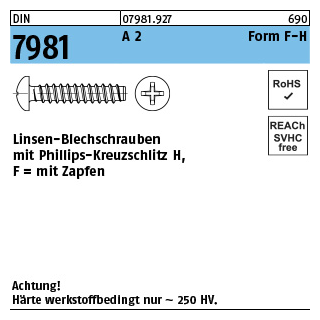 DIN 7981 A 2 Form F-H Linsen-Blechschrauben mit Zapfen, mit Phillips-Kreuzschlitz H - Abmessung: 3,9x13 -F-H, Inhalt: 1000 Stück