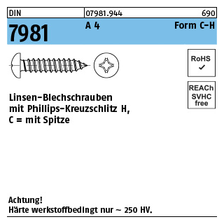 DIN 7981 A 4 Form C-H Linsen-Blechschrauben mit Spitze, mit Phillips-Kreuzschlitz H - Abmessung: C 4,2 x 16 -H, Inhalt: 1000 Stück