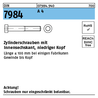 DIN 7984 A 4 Zylinderschrauben mit Innensechskant, niedriger Kopf - Abmessung: M 6 x 40, Inhalt: 100 Stück