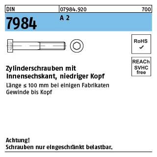DIN 7984 A 2 Zylinderschrauben mit Innensechskant, niedriger Kopf - Abmessung: M 6 x 50, Inhalt: 100 Stück