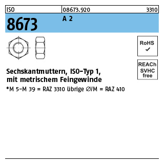 ISO 8673 A 2 Sechskantmuttern, ISO-Typ 1, mit metrischem Feingewinde - Abmessung: M 8 x 1, Inhalt: 100 Stück