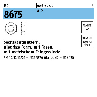 ISO 8675 A 2 Niedrige Sechskantmuttern mit Fasen und metrischem Feingewinde - Abmessung: M 10 x 1,25, Inhalt: 50 Stück