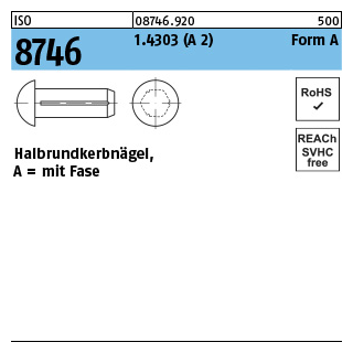 ISO 8746 1.4303 (A 2) Form A Halbrundkerbnägel, mit Fase - Abmessung: 1,4 x 3, Inhalt: 100 Stück