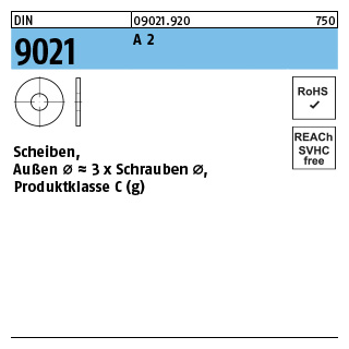 DIN 9021 A 2 Scheiben, Außen Ø ~3 x Schrauben Ø, Produktklasse C - Abmessung: 3,2 x 9 x0,8, Inhalt: 100 Stück