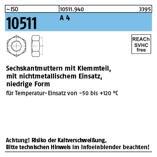ISO 10511 A 4 Sechskantmuttern mit Klemmteil, mit nichtmetallischem Einsatz, niedrige Form - Abmessung: M 4, Inhalt: 1000 Stück