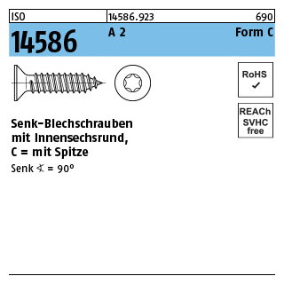 ISO 14586 A 2 Form C- ISR Senk-Blechschrauben, mit Spitze, mit Innensechsrund - Abmessung: 3,9 x 13 -C, Inhalt: 1000 Stück