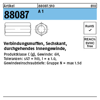 Artikel 88087 A 1 verbindungsmuffen, Sechskant, durchgehendes Innengewinde - Abmessung: M 6 x 25 SW10, Inhalt: 50 Stück