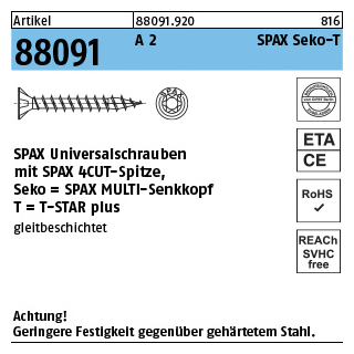 Artikel 88091 A 2 SPAX Seko-T SPAX Universalschrauben mit Spitze, SPAX MULTI-Senkkopf, T-STAR - Abmessung: 4 x 60/50-T20, Inhalt: 100 Stück