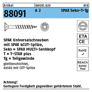 Artikel 88091 A 2 SPAX Seko-T-Tg SPAX Universalschrauben mit Spitze, SPAX MULTI-Senkkopf, Teilgewinde, T-STAR - Abmessung: 6 x100/61-T30, Inhalt: 100 Stück