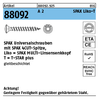 Artikel 88092 A 2 SPAX Liko-T SPAX Universalschrauben mit Spitze, SPAX MULTI-Linsensenkkopf, T-STAR - Abmessung: 3 x 20/16-T10, Inhalt: 200 Stück