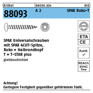 Artikel 88093 A 2 SPAX Ruko-T SPAX Universalschrauben mit Spitze, SPAX MULTI-Halbrundkopf, Pozidriv-KS - Abmessung: 4 x 45/40-T20, Inhalt: 200 Stück