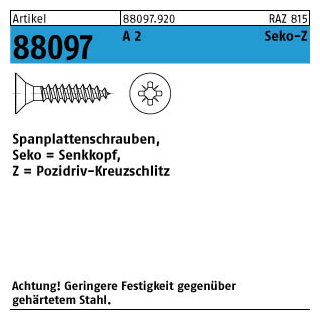 Artikel 88097 A 2 Seko-Z Spanplattenschrauben, Senkkopf, Pozidriv-Kreuzschlitz - Abmessung: 3 x 16 -Z, Inhalt: 1000 Stück