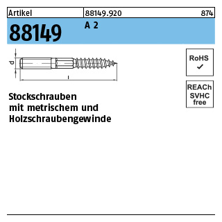 Artikel 88149 A 2 Typ 23 E Stockschrauben mit metrischem und Holzschraubengewinde - Abmessung: M 6 x 80, Inhalt: 100 Stück