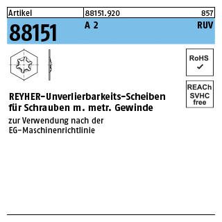 Artikel 88151 A 2 RUV REYHER-Unverlierbarkeits-Scheiben für Schrauben m. metr. Gewinde - Abmessung: M 6 x 12 x 0,5, Inhalt: 100 Stück