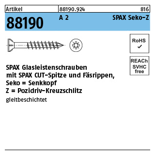 Artikel 88190 A 2 SPAX Seko-Z SPAX Glasleistenschrauben, mit Spitze und Fäsrippen, Senkkopf, Pozidriv-KS - Abmessung: 3,5 x 40/23-Z2, VE mit 200 Stück