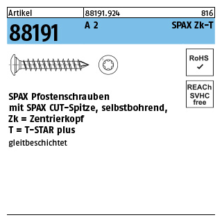 Artikel 88191 A 2 SPAX Zk-T SPAX-Pfostenschrauben, mit Spitze selbstbohrend, Zentrierkopf - Abmessung: 8 x 50/45 -T40, Inhalt: 50 Stück