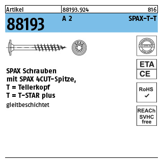 Artikel 88193 A 2 SPAX-T-T SPAX Schrauben, mit Spitze, Tellerkopf - Abmessung: 6 x 60/56-T30, Inhalt: 100 Stück