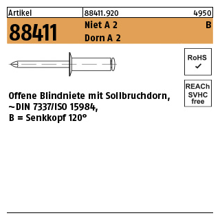 Artikel 88411 Niet A 2 B Dorn A 2 Offene Blindniete mit Sollbruchdorn, ~DIN 7337/ISO 15984, Senkkopf 120° - Abmessung: B 4 x 10, Inhalt: 500 Stück