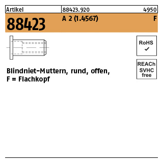 Artikel 88423 A 2 (1.4567) F Blindniet-Muttern, rund, offen, Flachkopf - Abmessung: M 4 /0,25-3,0, Inhalt: 500 Stück