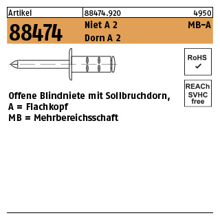 Artikel 88474 Niet A 2 MB-A Dorn A 2 Offene Blindniete mit Sollbruchdorn, Flachkopf, Mehrbereichsschaft - Abmessung: 4 x 10, Inhalt: 500 Stück
