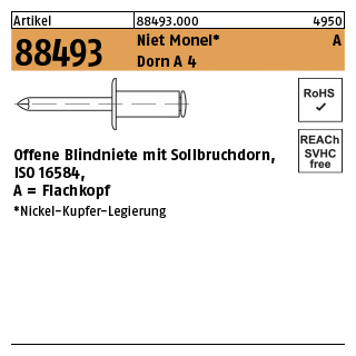 Artikel 88493 Niet Monel A Dorn A 4 Offene Blindniete mit Sollbruchdorn, ISO 16584, Flachkopf - Abmessung: 3,2 x 6, Inhalt: 500 Stück