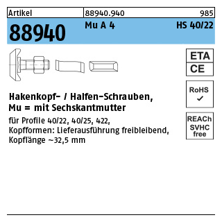Artikel 88940 Mu A 4 HS 40/22 Hakenkopf-/Halfen-Schrauben, mit Sechskantmutter - Abmessung: M 10 x 40, Inhalt: 50 Stück