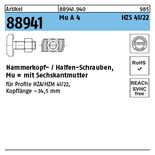 Artikel 88941 Mu A 4 HZS 41/22 Hammerkopf-/Halfen-Schrauben, mit Sechskantmutter - Abmessung: M 12 x 80, Inhalt: 25 Stück