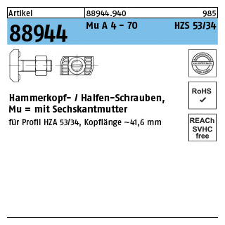 Artikel 88944 Mu A 4 - 70 HZS 53/34 Hammerkopf-/Halfen-Schrauben, mit Sechskantmutter - Abmessung: M 20 x 65, Inhalt: 25 Stück