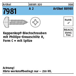 Artikel 7981 A 2 Artikel 88981 Kappenkopf-Blechschrauben mit Phillips-Kreuzschlitz H, mit Spitze - Abmessung: 3,9 x 9,5 -H, Inhalt: 1000 Stück