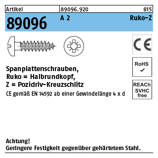 Artikel 89096 A 2 CE Ruko-Z Spanplattenschrauben, Halbrundkopf, Pozidriv-Kreuzschlitz - Abmessung: 3 x 20 -Z, Inhalt: 1000 Stück