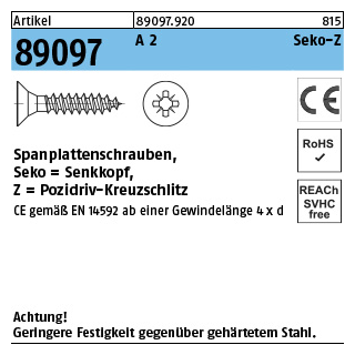 Artikel 89097 A 2 CE Seko-Z Spanplattenschrauben, Senkkopf, Pozidriv-Kreuzschlitz - Abmessung: 3 x 12 -Z, Inhalt: 200 Stück