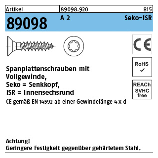 Artikel 89098 A 2 CE Seko-ISR Spanplattenschrauben mit Vollgew., Senkkopf, Innensechsrund - Abmessung: 3 x 30 -T10, Inhalt: 200 Stück