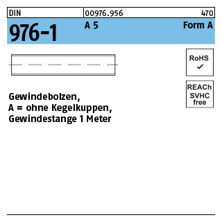 DIN 976-1 A 5 Form A Gewindebolzen, ohne Kegelkuppen Gewindestange 1 Meter - Abmessung: AM 6 x 1000, Inhalt: 1 Stück